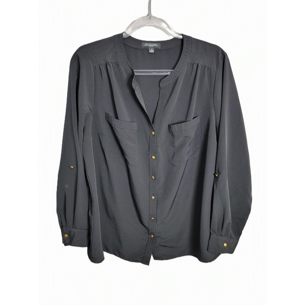 Notations Womens 1X‎ Blouse Black Roll Tab Sleeve Gold Button Lightweight Top